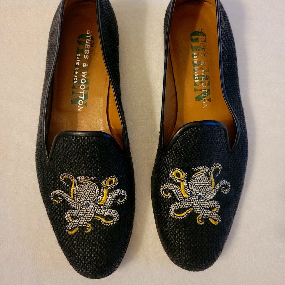 Stubbs and Wootton Women’s Black Woven Linen Slipper with Octopus, Size 10